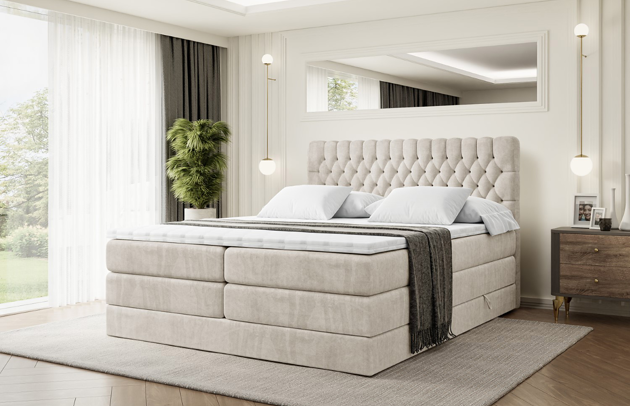 Stoffbeschreibung: Polsterstoff Casablanca: „Pet-friendly“, leicht zu reinigen (CleanBOO+), wasserabweisend mit Lotuseffekt, scheuerfest (45.000 Martindale- Zyklen), Gewicht 310g/m2 ±5 %, Bezug: Samt, Farbe: Beige - Casablanca 2301, Zimmer: Schlafzimmer, Länge: 208 cm, Breite: 120 cm, Höhe: 110 cm, Größe: 120x200 cm, Länge der Schlaffläche: 200 cm, Breite der Schlaffläche: 120 cm, Liegehöhe: 65 cm, Härtegrad der Matratze: h3-h4, Höhe der Matratze: 38 cm, Matratze: Multipocketfederung und Bonellfederung, Farbe des Toppers: Weiß, Höhe des Toppers: 5 cm, Material des Toppers: Schaumstoff, Bettkasten: Ja, Anzahl der Bettkasten: 2, Höhe des Bettkastens: 30 cm, Höhe des Kopfteils: 110 cm, Material der Füße: Plastik, Höhe der Füße: 2 cm, Dicke des Kopfteils: 8 cm, Dicke des Fußteils: 7 cm, Gepolsterte Rückseite: Nein - 1
