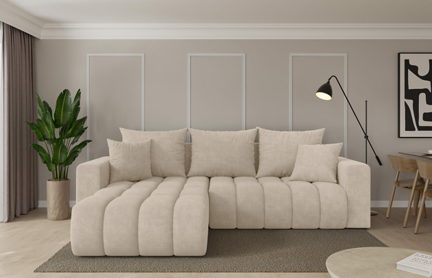 Bezug: Samt, Farbe: Beige - Dream Velvet 202.02, Stellvariante: Ottomane Links, Stoffbeschreibung: Polsterstoff Dream Velvet: Wasserabweisender und leicht zu reinigender Möbelstoff, scheuerfest (30.000 Martindale-Zyklen) lichtecht(6), pillingarm(4-5), 100 % PES, 360 g/m2±5%, Materialzusammensetzung: 100% PU, Pilling Resistenz: 5, Abriebfestigkeit: 5, Scheuerbeständigkeit: 30000 Martindale-Zyklen, Ausstattung: Kissen, Schlaffunktion: Mit Schlaffunktion, Zimmer: Wohnzimmer, Tiefe: 194 cm, Breite: 277 cm, Höhe: 86 cm, Länge der Schlaffläche: 233 cm, Breite der Schlaffläche: 132 cm, Liegehöhe: 38 cm, Anzahl der Sitzflächen: 5, Anzahl der Rückenkissen: 3, Art der Rückenkissen: Rückenkissen, Anzahl der Zierkissen: 2, Material der Füße: Kunststoff, Höhe der Füße: 3 cm, Tiefe der Armlehnen: 100 cm, Breite der Armlehnen: 22 cm, Höhe der Armlehnen: 60 cm, Breite der Ottomane: 101 cm, Tiefe der Ottomane: 179 cm, Tiefe der Sitzfläche: 95 cm, Sitzhöhe: 38 cm, Art des Stauraumes: Innenfach geschlossen - 1