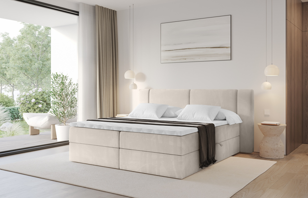 Bezug: Samt, Farbe: Beige - Casablanca 2301, Stoffbeschreibung: Polsterstoff Casablanca: „Pet-friendly“, leicht zu reinigen (CleanBOO+), wasserabweisend mit Lotuseffekt, scheuerfest (45.000 Martindale- Zyklen), Gewicht 310g/m2 ±5 %, Zimmer: Schlafzimmer, Länge: 207 cm, Breite: 120 cm, Höhe: 105 cm, Größe: 120x200 cm, Länge der Schlaffläche: 200 cm, Breite der Schlaffläche: 120 cm, Liegehöhe: 55 cm, Härtegrad der Matratze: H3, Höhe der Matratze: 20 cm, Matratze: Bonellfederung, Farbe des Toppers: Weiß, Höhe des Toppers: 5 cm, Material des Toppers: Schaumstoff, Bettkasten: Ja, Anzahl der Bettkasten: 2, Höhe der Bettkasten: 30 cm, Höhe des Kopfteils: 105 cm, Material der Füße: Kunststoff, Höhe der Füße: 2 cm, Dicke des Kopfteils: 6 cm, Gepolsterte Rückseite: Nein - 1