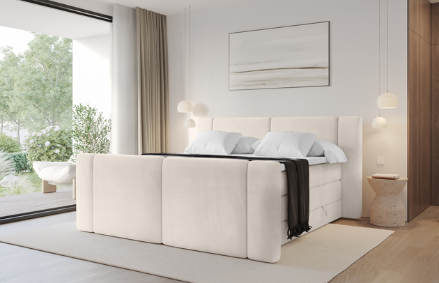 Bezug: Samt, Farbe: Beige - Casablanca 2301, Stoffbeschreibung: Polsterstoff Casablanca: „Pet-friendly“, leicht zu reinigen (CleanBOO+), wasserabweisend mit Lotuseffekt, scheuerfest (45.000 Martindale- Zyklen), Gewicht 310g/m2 ±5 %, Zimmer: Schlafzimmer, Länge: 215 cm, Breite: 120 cm, Höhe: 115 cm, Größe: 120x200 cm, Länge der Schlaffläche: 200 cm, Breite der Schlaffläche: 120 cm, Liegehöhe: 73 cm, Härtegrad der Matratze: h3-h4, Höhe der Matratze: 20+18 cm, Matratze: Multipocketfederung und Bonellfederung, Farbe des Toppers: Weiß, Höhe des Toppers: 5 cm, Material des Toppers: Schaumstoff, Bettkasten: Ja, Anzahl der Bettkasten: 2, Höhe der Bettkasten: 30 cm, Höhe des Kopfteils: 115 cm, Material der Füße: Kunststoff, Höhe der Füße: 2 cm, Dicke des Kopfteils: 6 cm, Gepolsterte Rückseite: Nein - 1