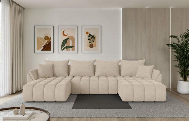 Bezug: Samt, Farbe: Beige - Dream Velvet 202.02, Stellvariante: U-Form, Stoffbeschreibung: Polsterstoff Dream Velvet: Wasserabweisender und leicht zu reinigender Möbelstoff, scheuerfest (30.000 Martindale-Zyklen) lichtecht(6), pillingarm(4-5), 100 % PES, 360 g/m2±5%, Materialzusammensetzung: 100% PU, Pilling Resistenz: 5, Abriebfestigkeit: 5, Scheuerbeständigkeit: 30000 Martindale-Zyklen, Ausstattung: Kissen, Schlaffunktion: Mit Schlaffunktion, Zimmer: Wohnzimmer, Tiefe: 194 cm, Breite: 378 cm, Höhe: 86 cm, Länge der Schlaffläche: 334 cm, Breite der Schlaffläche: 132 cm, Liegehöhe: 38 cm, Anzahl der Sitzflächen: 6, Anzahl der Rückenkissen: 4, Art der Rückenkissen: Rückenkissen, Anzahl der Zierkissen: 2, Material der Füße: Kunststoff, Höhe der Füße: 3 cm, Tiefe der Armlehnen: 91 cm, Breite der Armlehnen: 22 cm, Höhe der Armlehnen: 66 cm, Breite der Ottomane: 101 cm, Tiefe der Ottomane: 179 cm, Tiefe der Sitzfläche: 95 cm, Sitzhöhe: 38 cm, Art des Stauraumes: Innenfach geschlossen - 1
