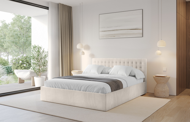 Bezug: Samt, Farbe: Beige - Casablanca 2301, Stoffbeschreibung: Polsterstoff Casablanca: „Pet-friendly“, leicht zu reinigen (CleanBOO+), wasserabweisend mit Lotuseffekt, scheuerfest (45.000 Martindale-Zyklen), Gewicht 310 g/m² ±5 %, Zimmer: Schlafzimmer, Länge: 217 cm, Breite: 148 cm, Höhe: 91 cm, Größe: 140x200 cm, Länge der Schlaffläche: 200 cm, Breite der Schlaffläche: 140 cm, Liegehöhe: 50 cm, Matratze: Mit H3 / H4 Taschenfederkern Matratze, Höhe der Matratze: 25 cm, Matratzentyp: Taschenfederkernmatratze, Bettkasten: Ja, Anzahl der Bettkasten: 1, Höhe der Bettkasten: 31 cm, Höhe des Kopfteils: 91 cm, Dicke des Kopfteils: 13 cm, Gepolsterte Rückseite: Nein - 1
