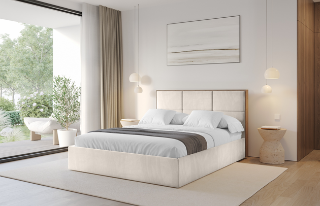 Bezug: Samt, Farbe: Beige - Casablanca 2301, Stoffbeschreibung: Polsterstoff Casablanca: „Pet-friendly“, leicht zu reinigen (CleanBOO+), wasserabweisend mit Lotuseffekt, scheuerfest (45.000 Martindale-Zyklen), Gewicht 310 g/m² ±5 %, Zimmer: Schlafzimmer, Länge: 217 cm, Breite: 149 cm, Höhe: 107 cm, Größe: 140x200 cm, Länge der Schlaffläche: 200 cm, Breite der Schlaffläche: 140 cm, Liegehöhe: 50 cm, Matratze: Mit H3 / H4 Taschenfederkern Matratze, Höhe der Matratze: 25 cm, Matratzentyp: Taschenfederkernmatratze, Bettkasten: Ja, Anzahl der Bettkasten: 1, Höhe der Bettkasten: 31 cm, Höhe des Kopfteils: 107 cm, Dicke des Kopfteils: 12 cm, Gepolsterte Rückseite: Nein - 1