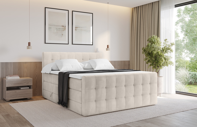 Bezug: Samt, Farbe: Beige - Casablanca 2301, Stoffbeschreibung: Polsterstoff Casablanca: „Pet-friendly“, leicht zu reinigen (CleanBOO+), wasserabweisend mit Lotuseffekt, scheuerfest (45.000 Martindale-Zyklen), Gewicht 310 g/m² ±5 %, Zimmer: Schlafzimmer, Länge: 225 cm, Breite: 123 cm, Höhe: 113 cm, Größe: 120x200 cm, Länge der Schlaffläche: 200 cm, Breite der Schlaffläche: 120 cm, Liegehöhe: 64 cm, Härtegrad der Matratze: h3-h4, Höhe der Matratze: 20+19 cm, Matratze: Multipocketfederung und Bonellfederung, Farbe des Toppers: Weiß, Höhe des Toppers: 4 cm, Material des Toppers: Schaumstoff, Bettkasten: Ja, Anzahl der Bettkasten: 2, Höhe der Bettkasten: 21 cm, Höhe des Kopfteils: 113 cm, Material der Füße: Kunststoff, Höhe der Füße: 1,5 cm, Dicke des Kopfteils: 12 cm, Dicke des Fußteils: 12 cm, Gepolsterte Rückseite: Nein - 1