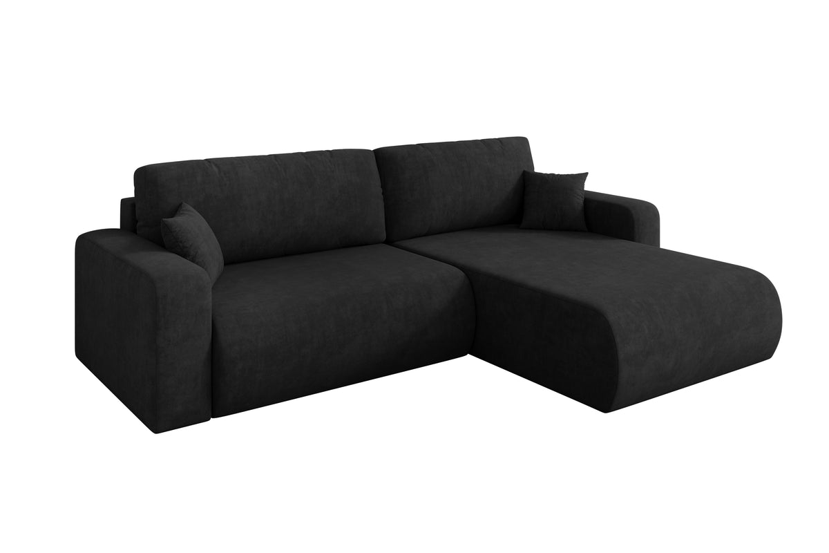 Narożnik BERY-L welur, Czarny - Dream Velvet 202.12 / Otomana z prawej / Z funkcją spania