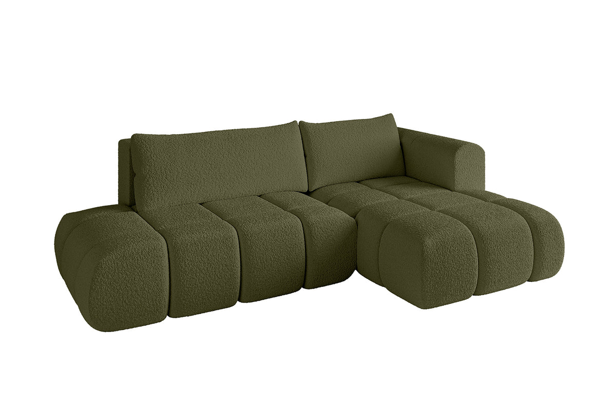Ecksofa CLOUD-L Bouclé, Grün - Quelle 38 / Ottomane Rechts / Mit Schlaffunktion
