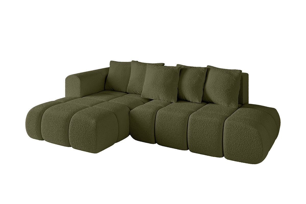 Narożnik CLOUD-L-v1 Bouclé, Zielony - Quelle 38 / Otomana z lewej / Z funkcją spania