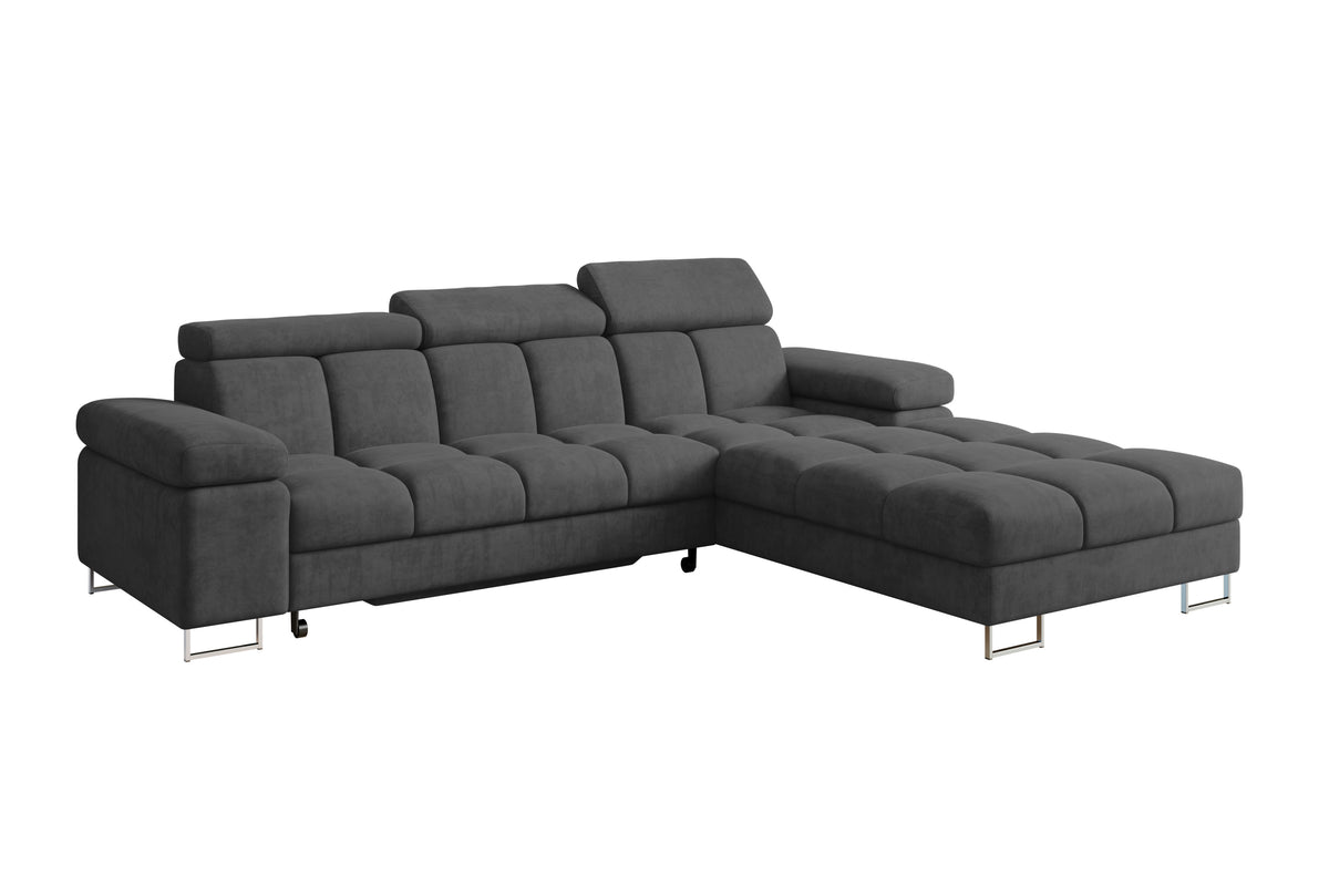 Narożnik COMA L welur, Ciemnoszary - Dream Velvet 202.13 / Otomana z prawej / Z funkcją spania