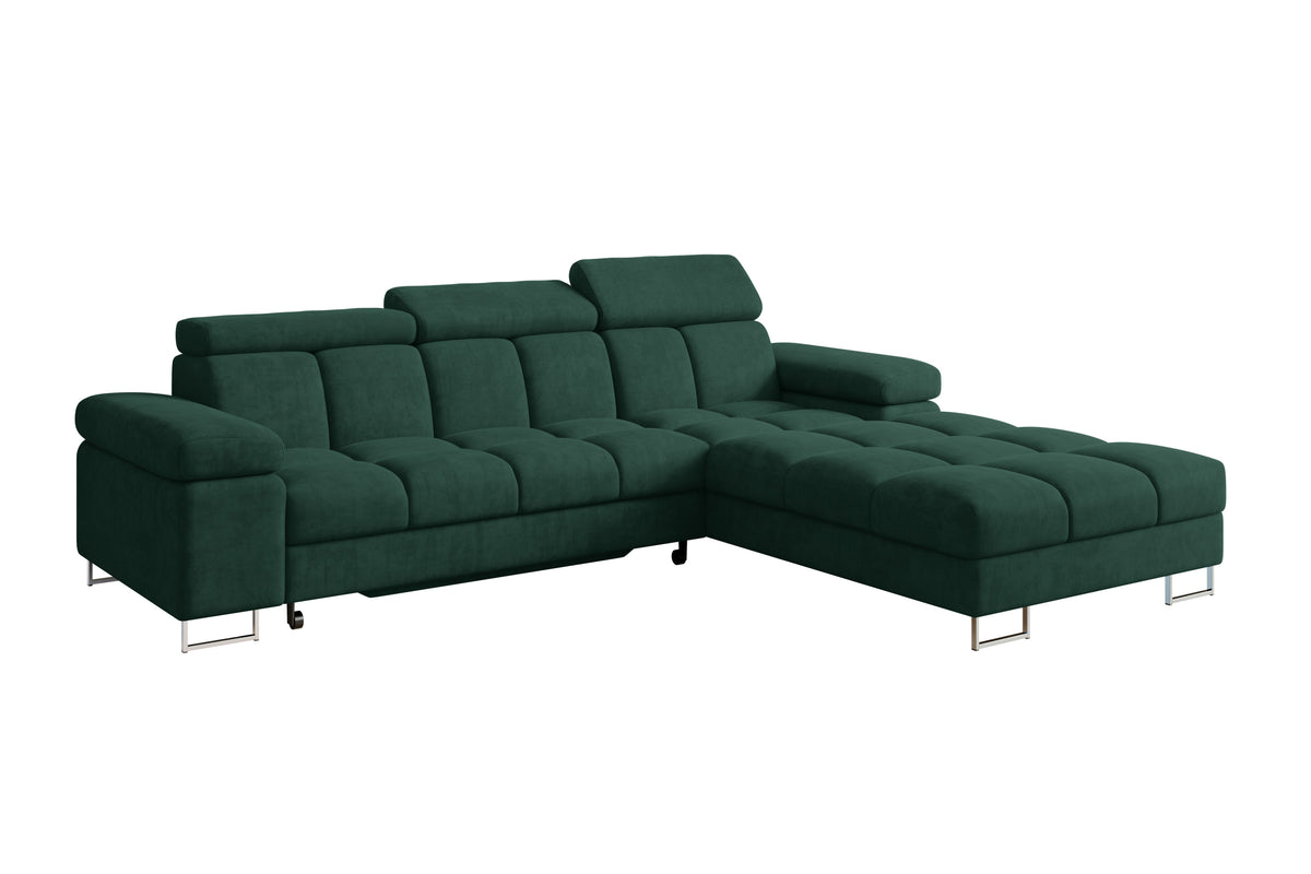 Narożnik COMA L welur, Zielony - Dream Velvet 202.31 / Otomana z prawej / Z funkcją spania