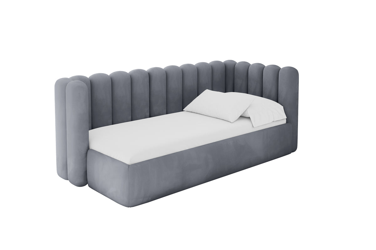 Jugendbett HUGY Samt Linksseitig, Grau - Casablanca 2314 / 80x200 cm / Mit Matratze