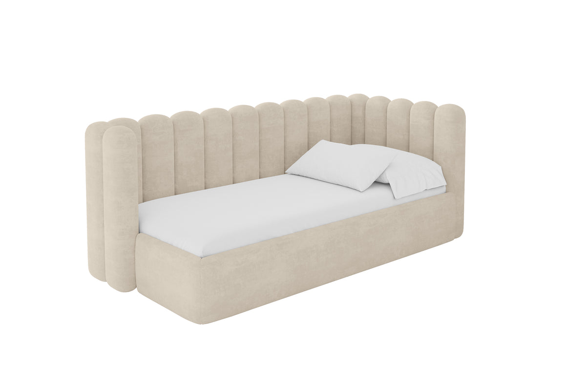 Jugendbett HUGY Samt Linksseitig, Beige - Monolith 04 / 80x200 cm / Ohne Matratze