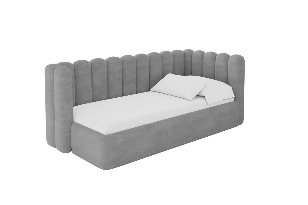 Jugendbett HUGY Samt Linksseitig, Grau - Monolith 84 / 80x200 cm / Ohne Matratze