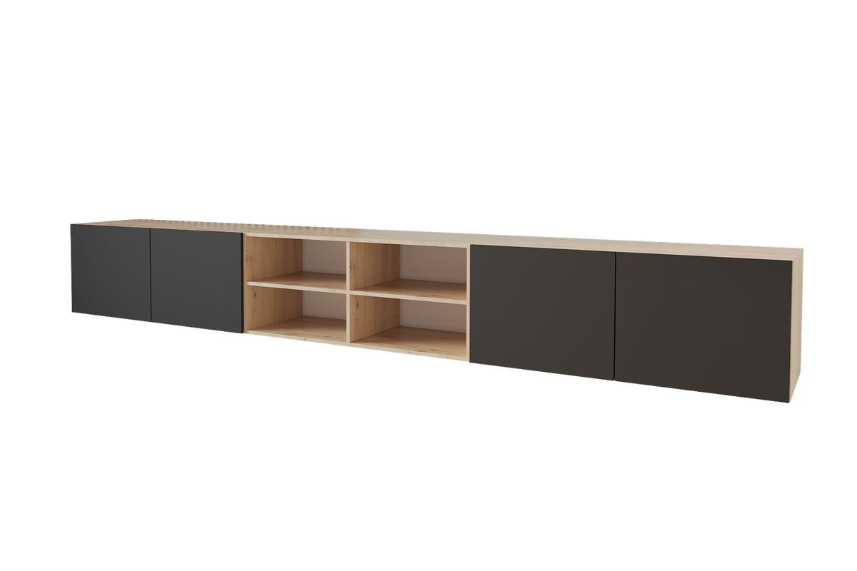 Szafka RTV ELIO 4 otwarta, Dąb Artisan/Czarny / 300 cm / Wiszący