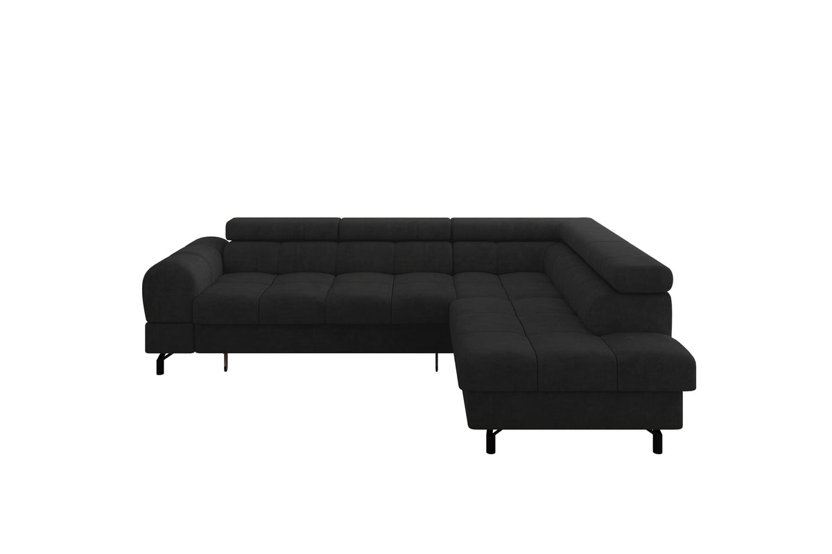 Narożnik LUMA-L welur, Czarny - Dream Velvet 202.12 / Otomana z prawej / Z funkcją spania