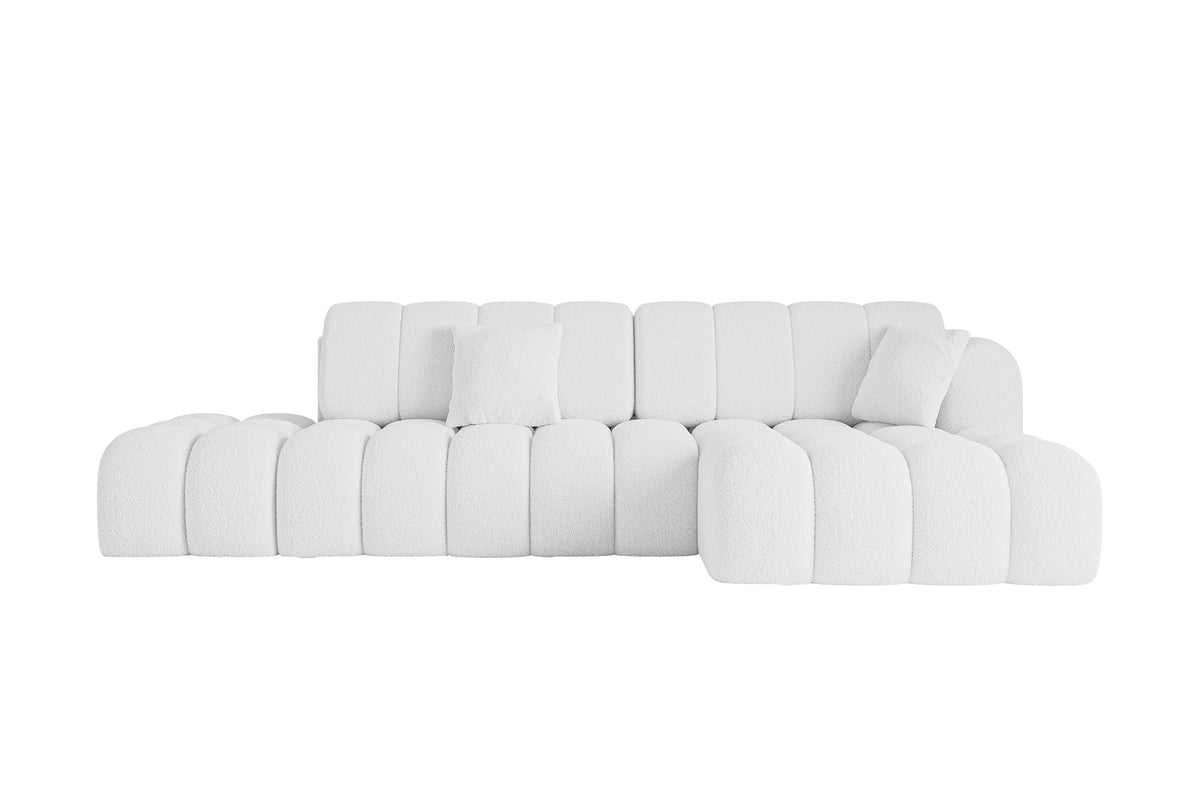 Ecksofa OLEA-L2 Bouclé, Weiß - Quelle 01 / Ottomane Rechts / Mit Schlaffunktion