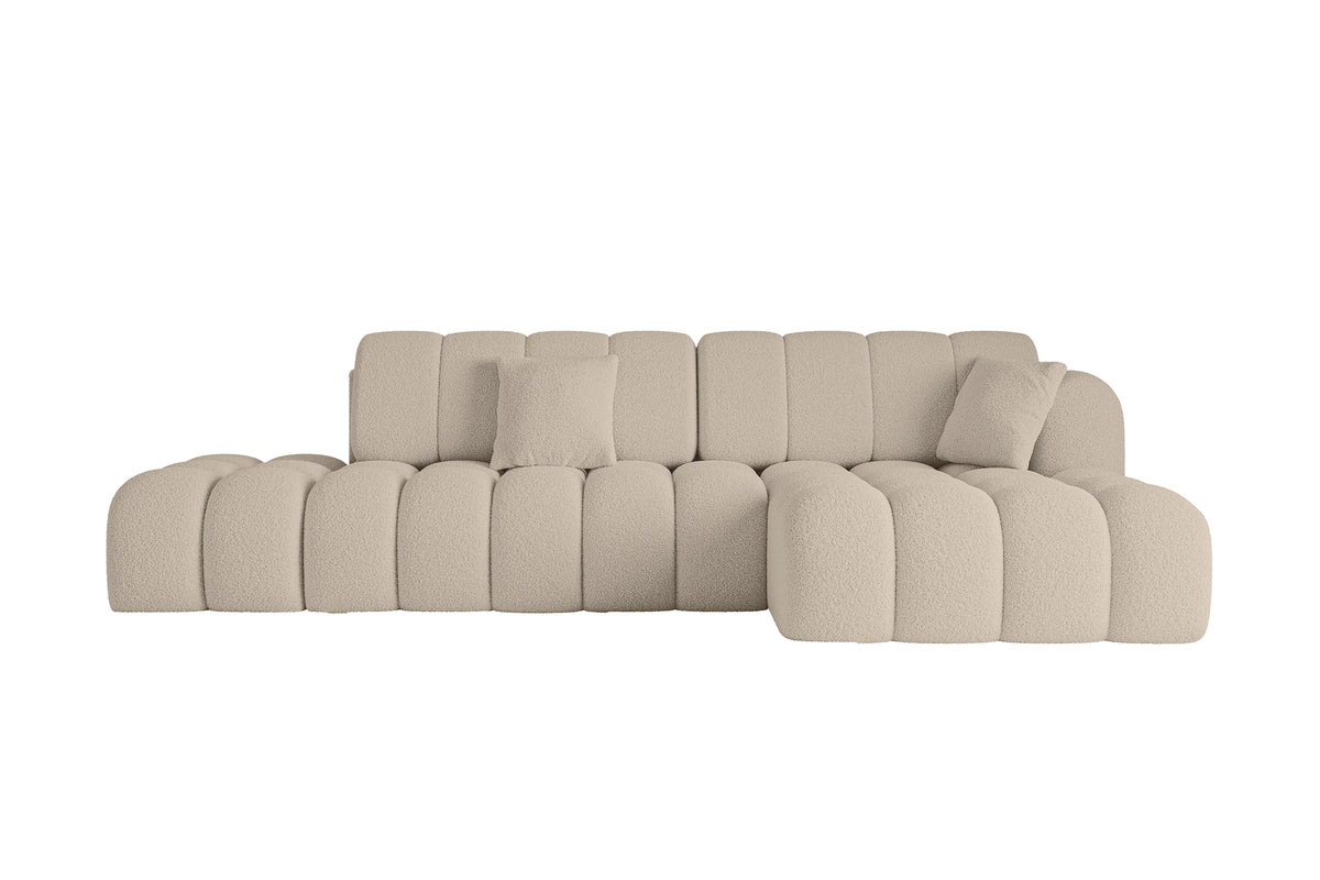 Ecksofa OLEA-L2 Bouclé, Dunkelbeige - Quelle 06 / Ottomane Rechts / Mit Schlaffunktion