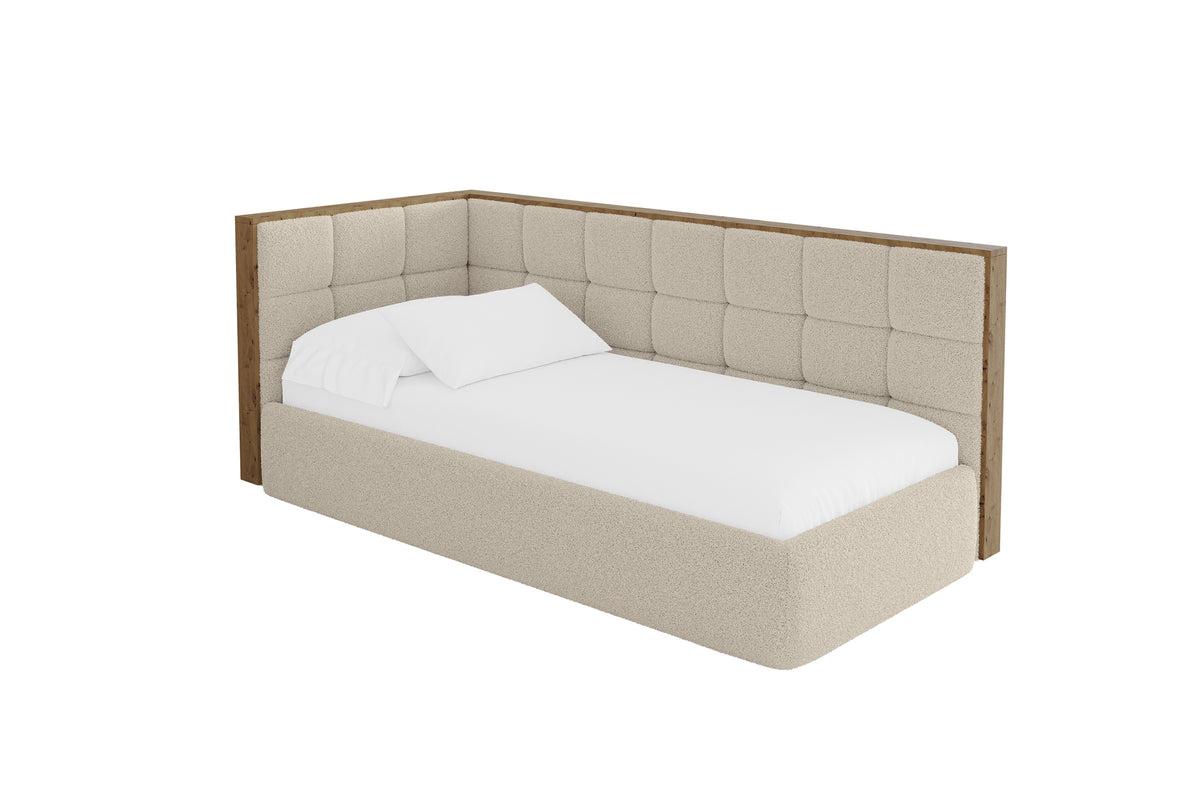 Łóżko młodzieżowe SOVY Bouclé prawostronne, Ciemnobeżowy - Quelle 06 / 80x200 cm / Z materacem