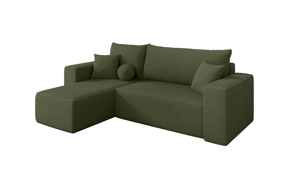 Ecksofa SENO-L Bouclé, Grün - Quelle 38 / Ottomane Links / Mit Schlaffunktion