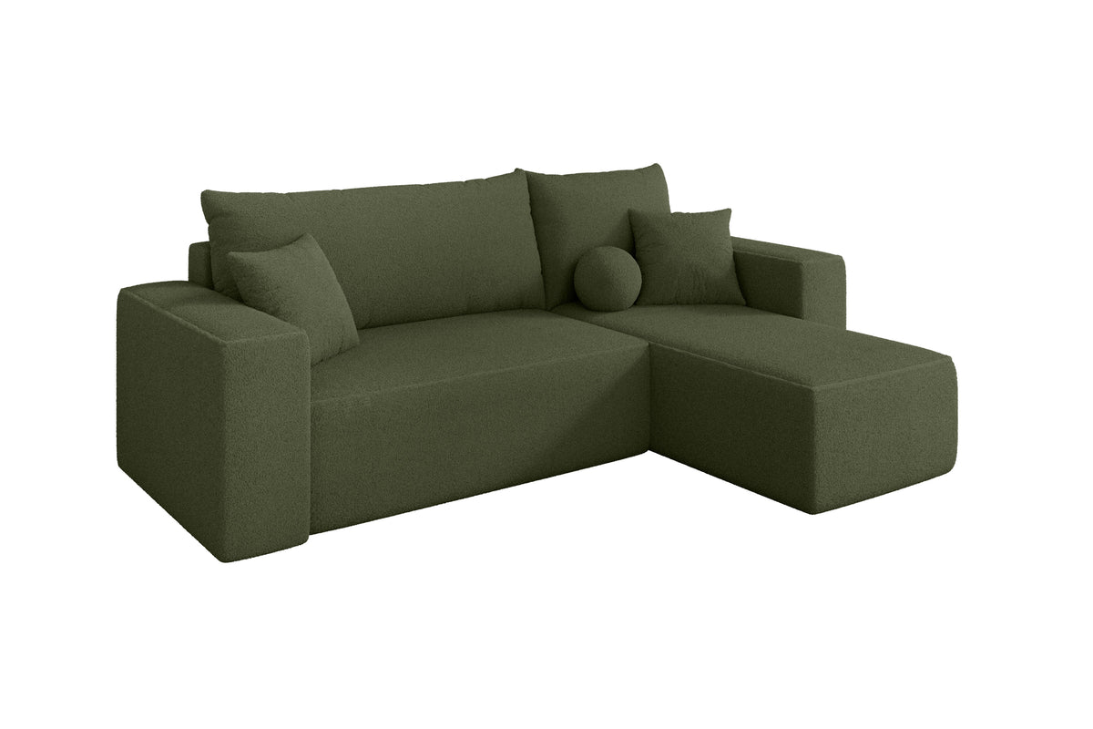 Ecksofa SENO-L Bouclé, Grün - Quelle 38 / Ottomane Rechts / Mit Schlaffunktion