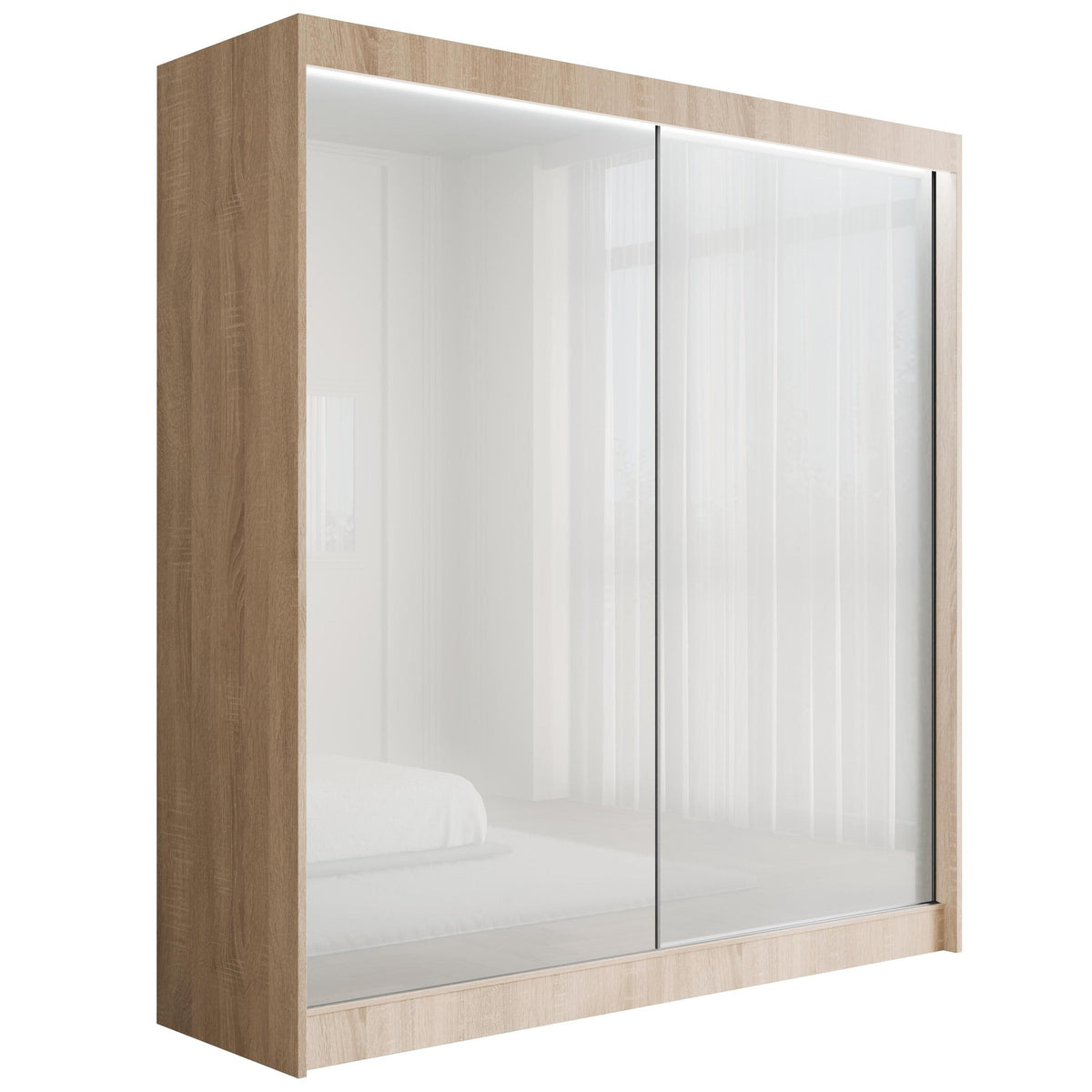 Szafa przesuwna PEKA, Sonoma/Biały Lacobel / 200 cm x 61 cm x 215 cm / Z LED