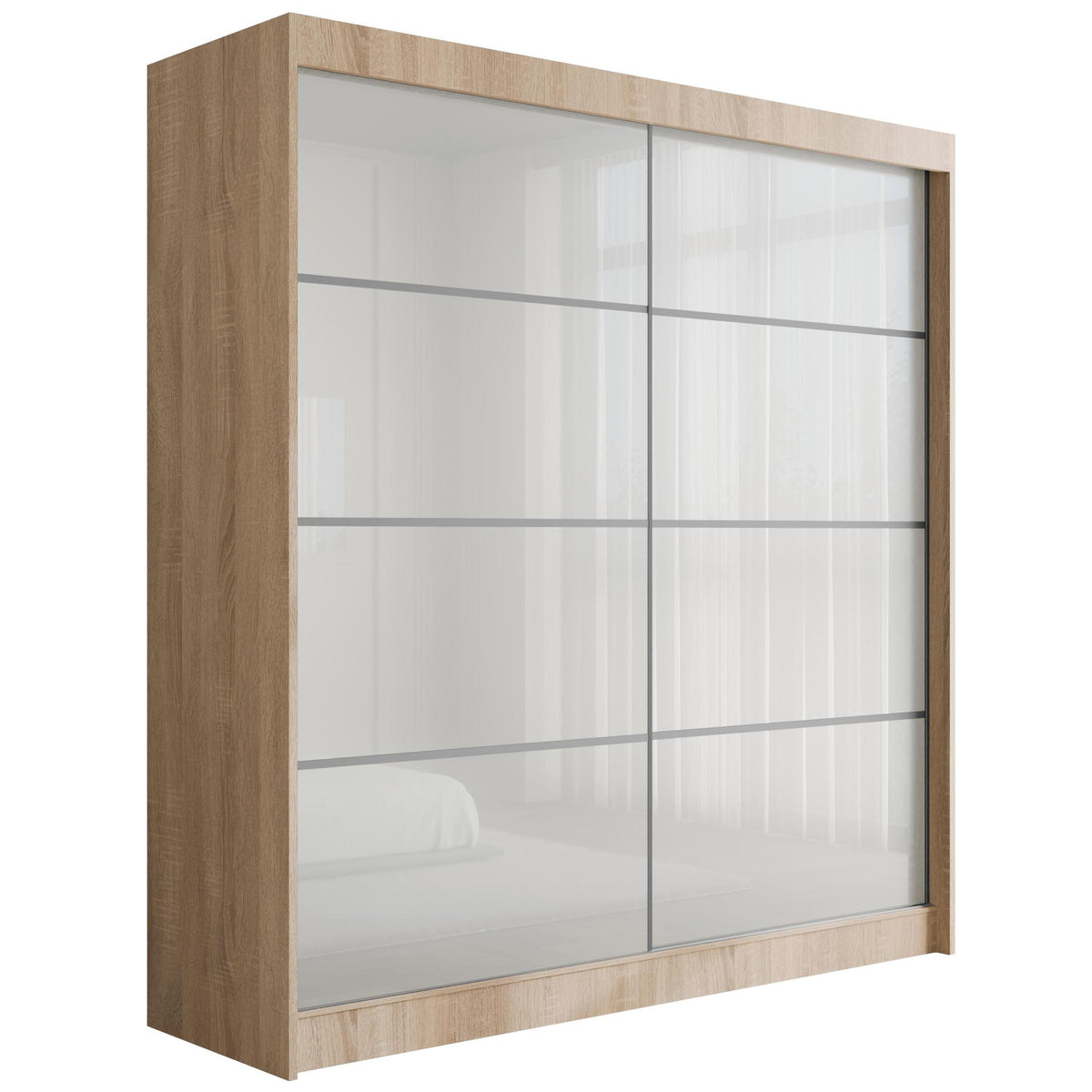 Szafa przesuwna PEKA3, Sonoma/Biały Lacobel / 200 cm x 61 cm x 215 cm / Bez LED