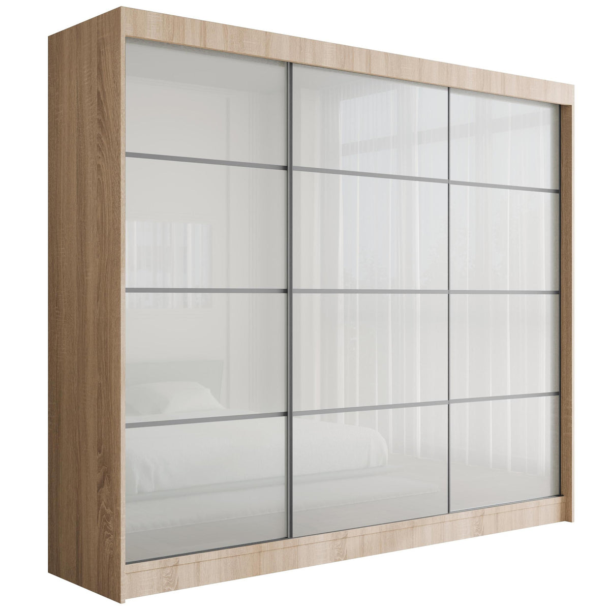 Szafa przesuwna PEKA3, Sonoma/Biały Lacobel / 250 cm x 61 cm x 215 cm / Bez LED