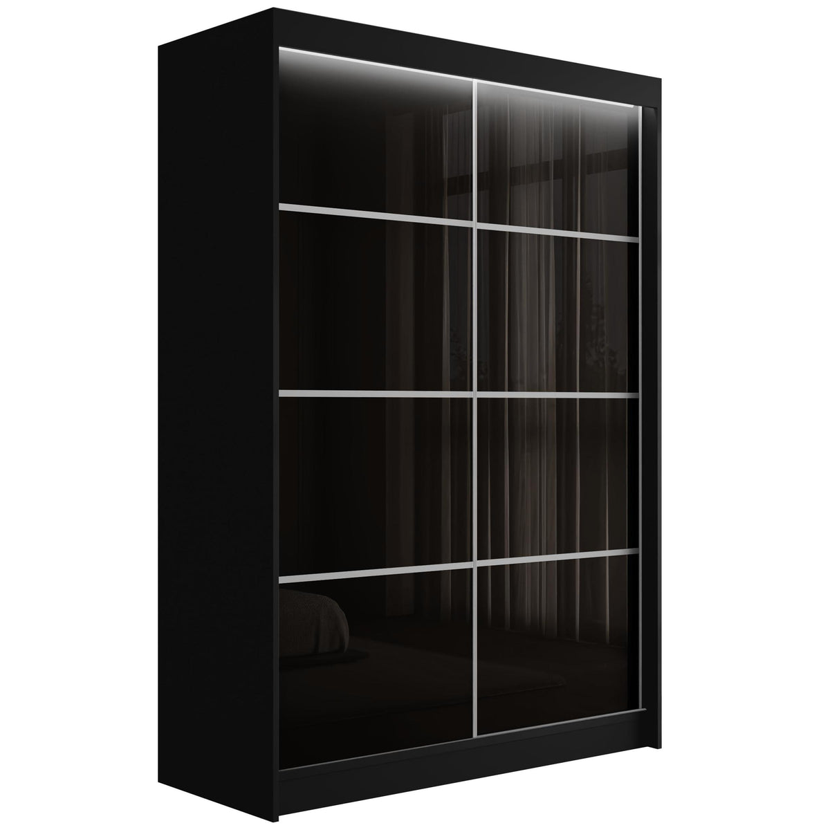 Szafa przesuwna PEKA3, Czarny/Czarny/Srebrny Lacobel / 120 cm x 61 cm x 215 cm / Z LED