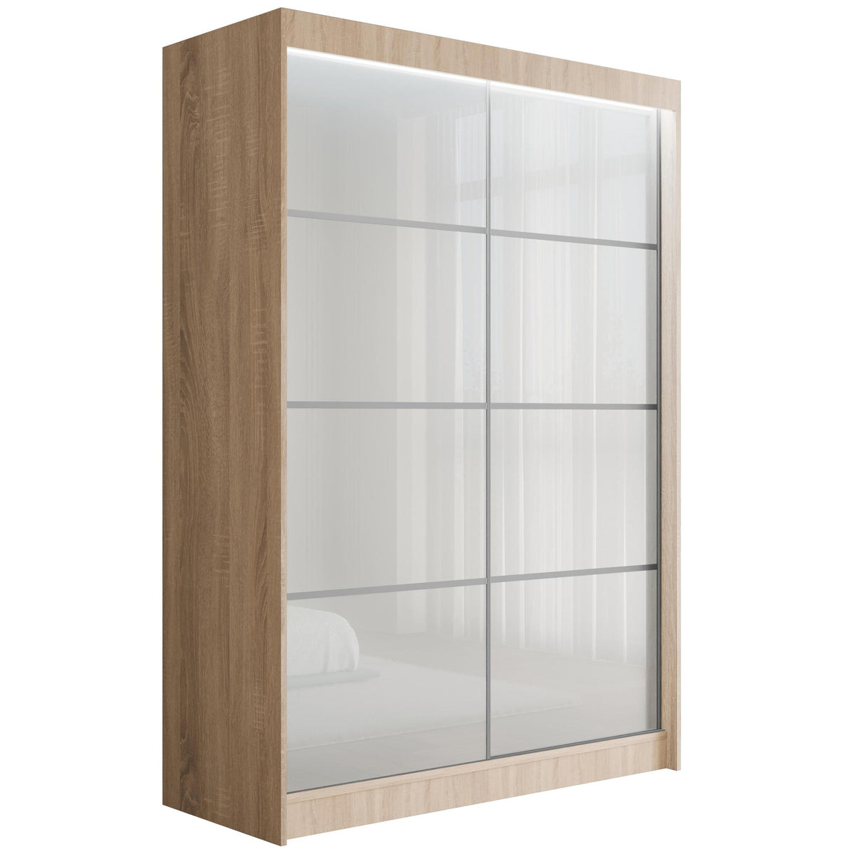 Szafa przesuwna PEKA3, Sonoma/Biały Lacobel / 120 cm x 61 cm x 215 cm / Z LED