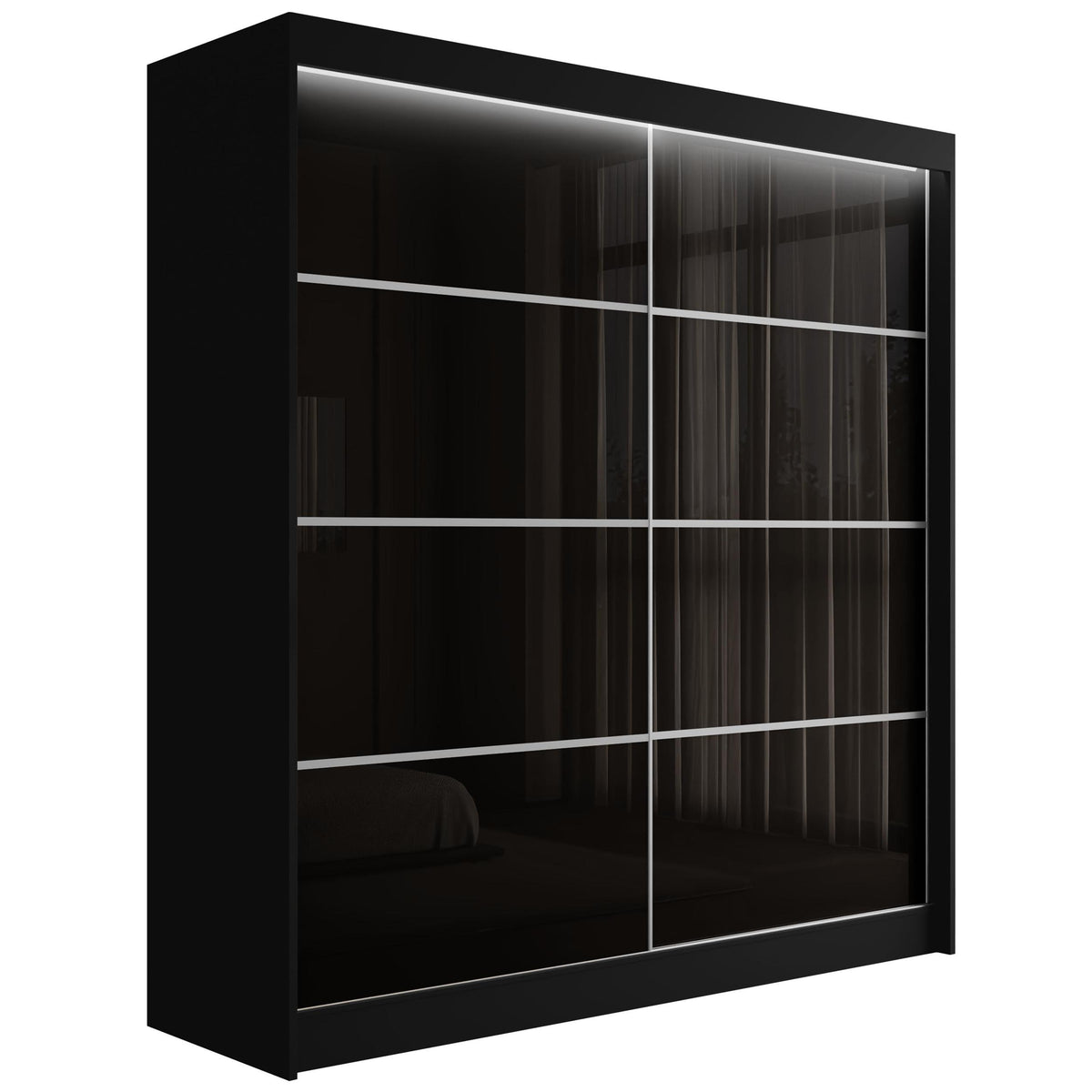 Szafa przesuwna PEKA3, Czarny/Czarny/Srebrny Lacobel / 200 cm x 61 cm x 215 cm / Z LED