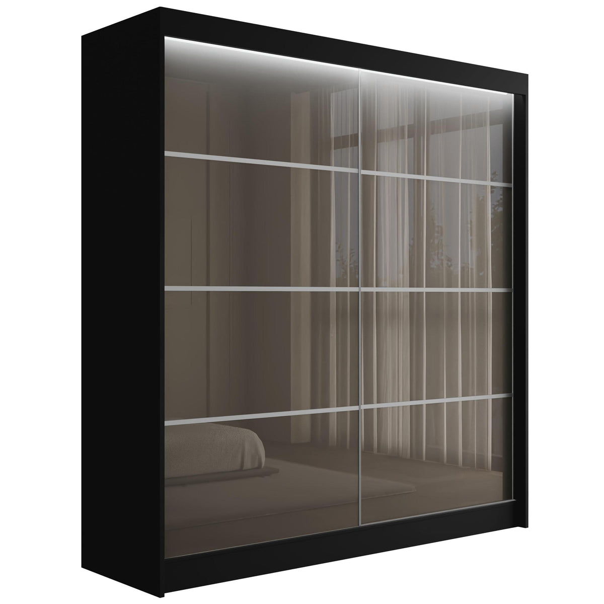 Szafa przesuwna PEKA3, Czarny/Szary Lacobel / 200 cm x 61 cm x 215 cm / Z LED