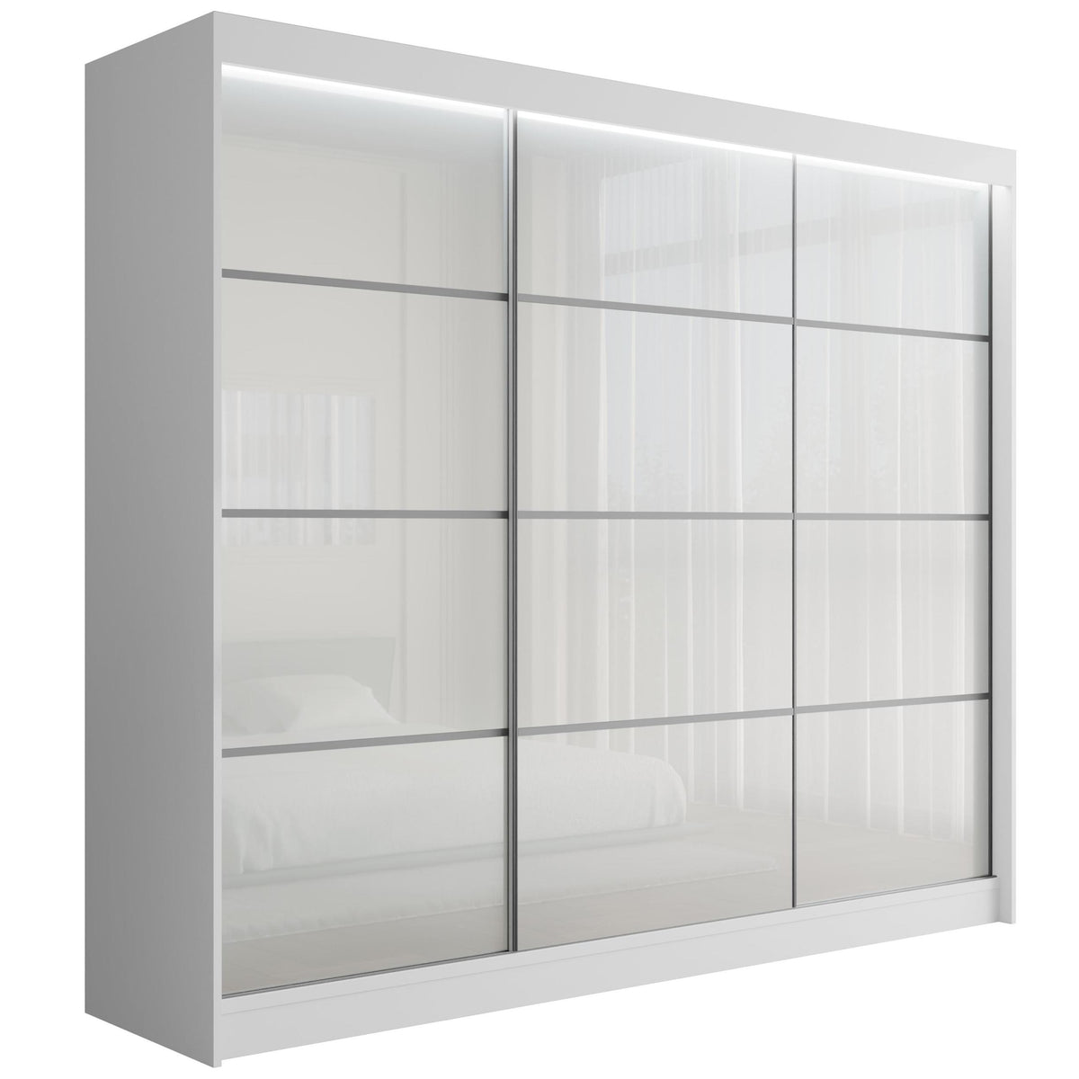 Szafa przesuwna PEKA3, Biały/Biały Lacobel / 250 cm x 61 cm x 215 cm / Z LED