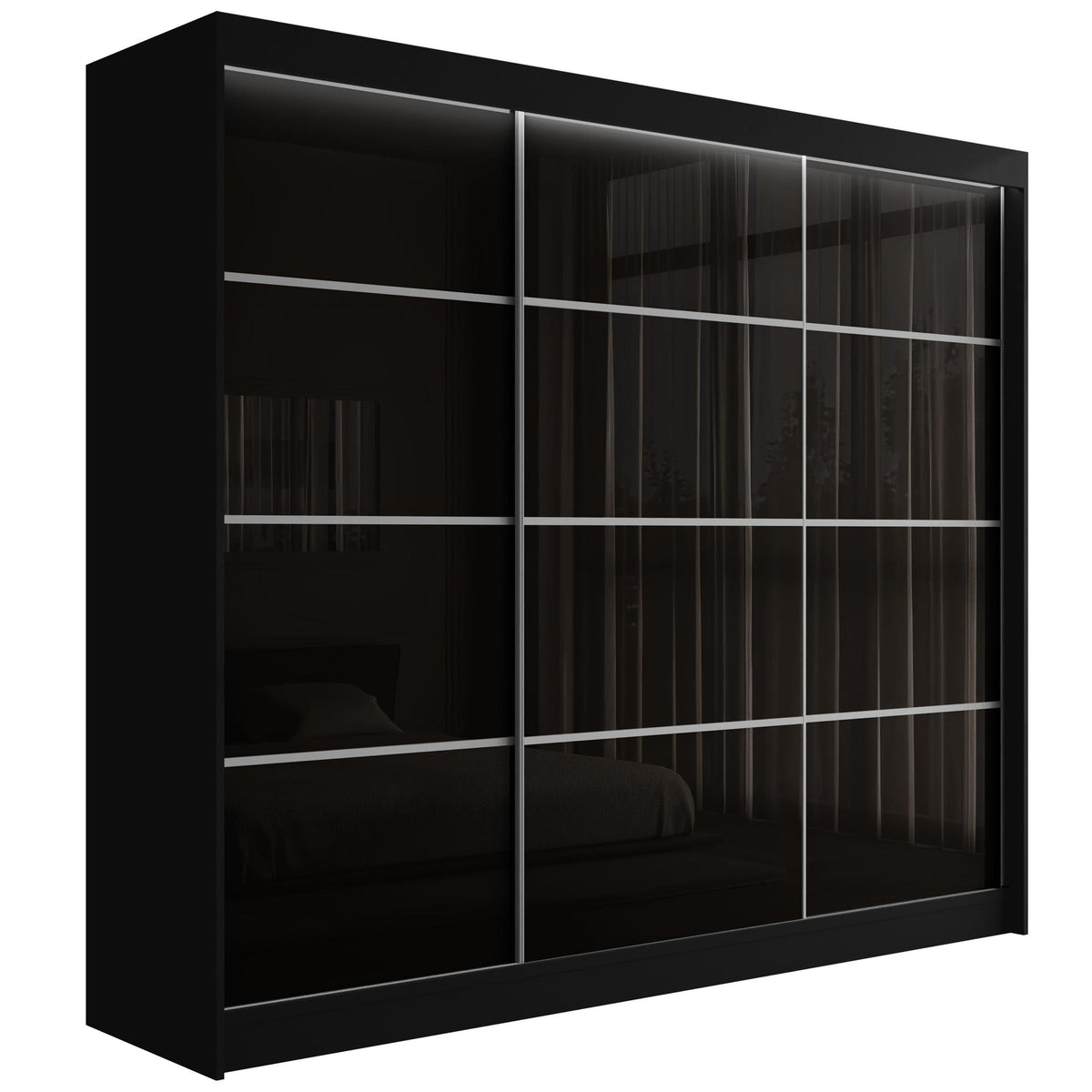 Szafa przesuwna PEKA3, Czarny/Czarny/Srebrny Lacobel / 250 cm x 61 cm x 215 cm / Z LED