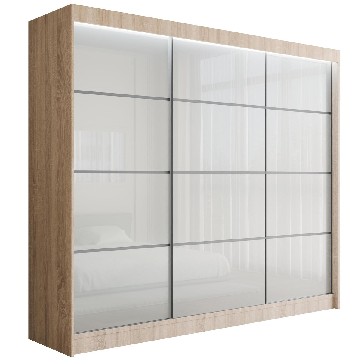 Szafa przesuwna PEKA3, Sonoma/Biały Lacobel / 250 cm x 61 cm x 215 cm / Z LED