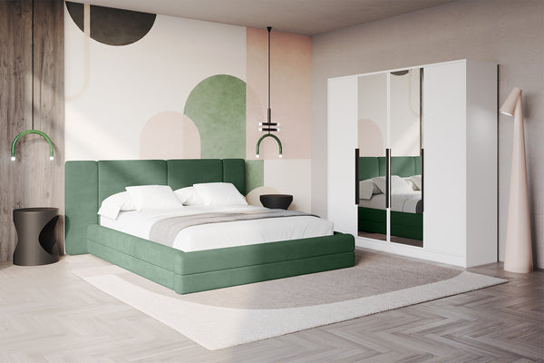 Schlafzimmer mit Polsterbett TEVO-Z Cord in Grün und weißem Drehtürenschrank LESE