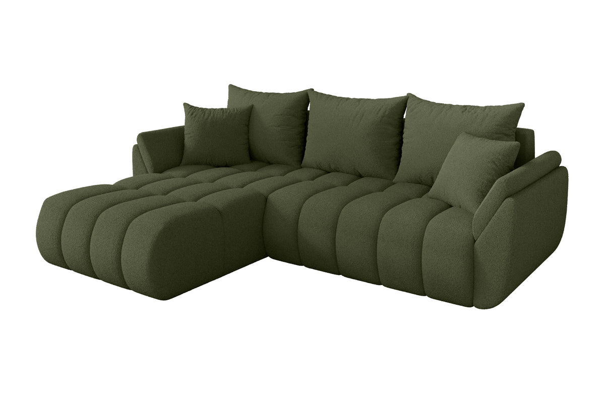Narożnik TOKO-L-v1 Bouclé, Zielony - Quelle 38 / Otomana z lewej / Z funkcją spania