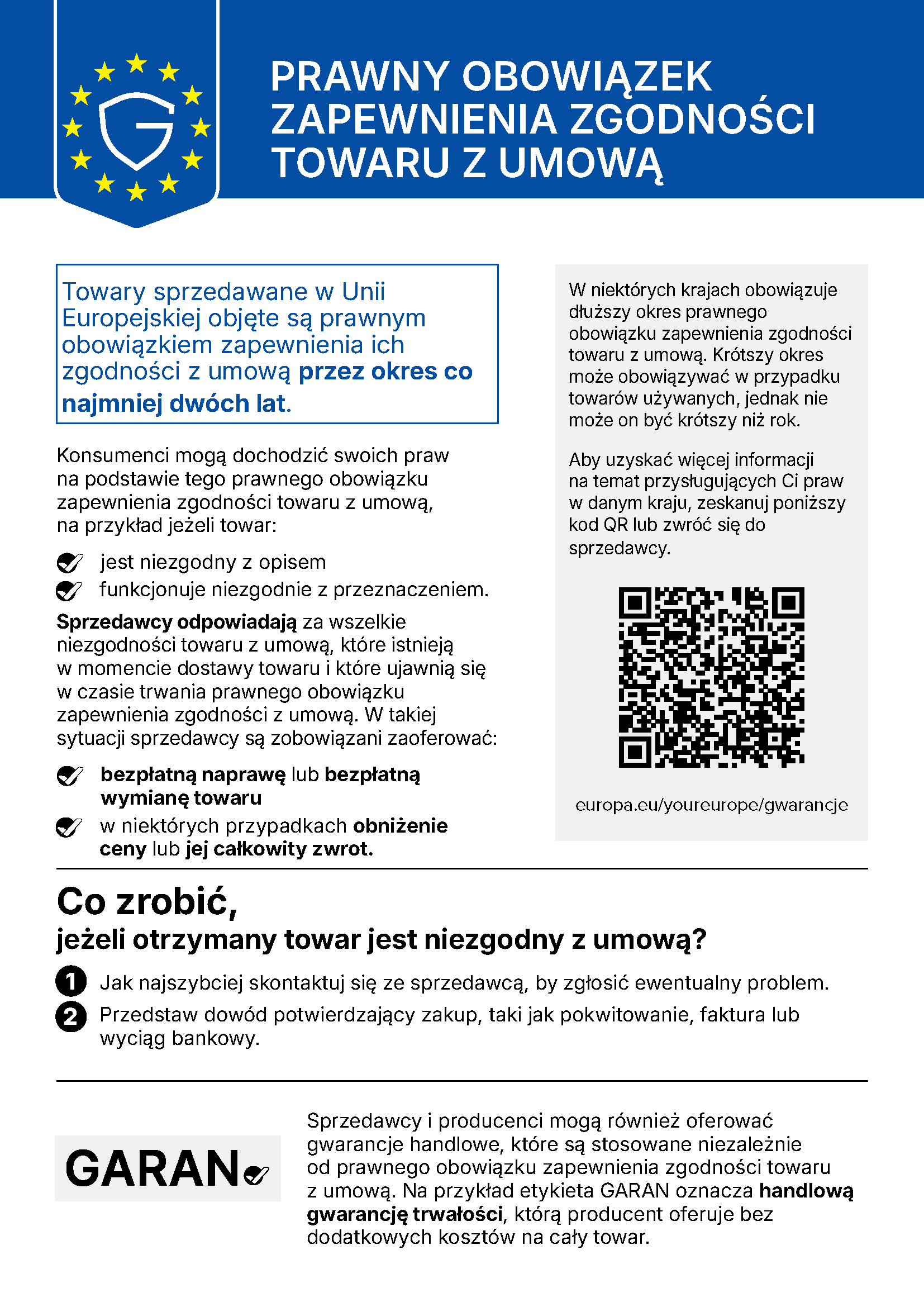 Oficjalna informacja UE o prawnym obowiązku zapewnienia zgodności towaru z umową: co najmniej dwa lata dla towarów sprzedawanych w Unii Europejskiej